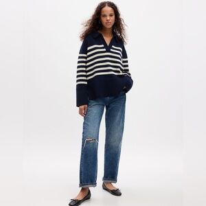 GAP Women’s Split Hem Polo Sweater in Navy White Stripe